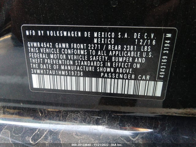 2017 Volkswagen Golf, VIN: 3VWH17AU1HM519736