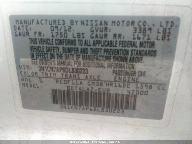 2013 NISSAN VERSA S PLUS VIN: 3N1CN7AP6DL830223
