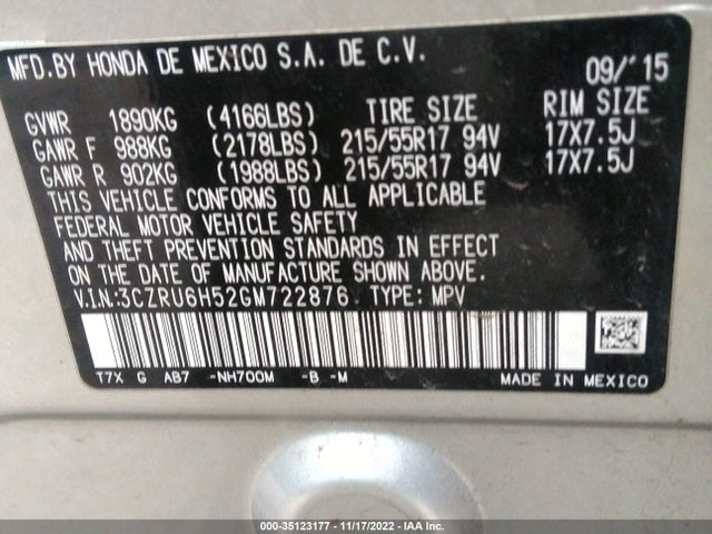 2016 Honda HR-V, VIN: 3CZRU6H52GM722876