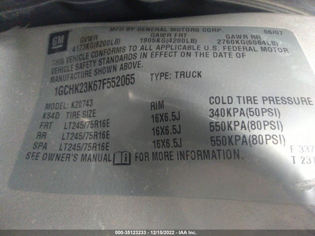 2007 CHEVROLET SILVERADO 2500HD LT W/2LT VIN: 1GCHK23K67F552065