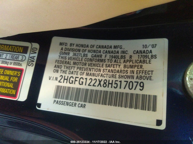 2008 HONDA CIVIC CPE DX VIN: 2HGFG122X8H517079