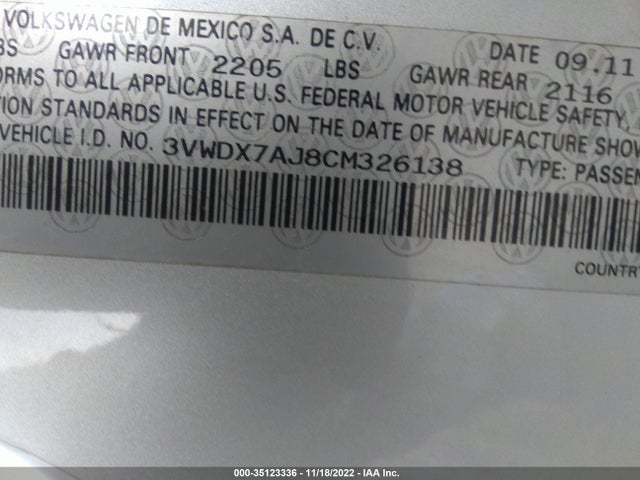 Aukcja sprzedaży 2012 Volkswagen Jetta 2.5l Se, vin: 3VWDX7AJ8CM326138, numer aukcji: 35123336