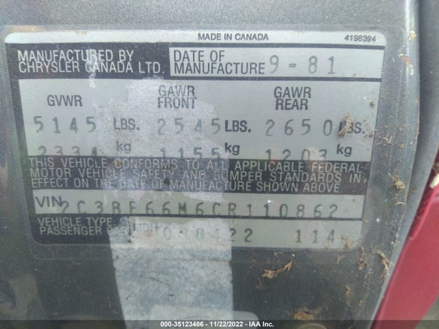1982 CHRYSLER NEW YORKER VIN: 2C3BF66M6CR110862