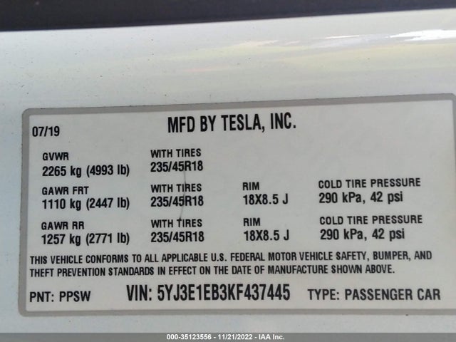 Tesla MODEL 3 2019 5YJ3E1EB3KF437445 Image 10