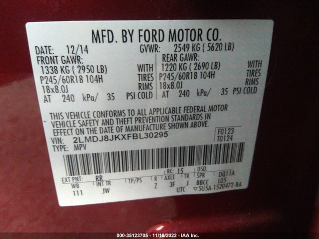 2015 Lincoln MKX, VIN: 2LMDJ8JKXFBL30295