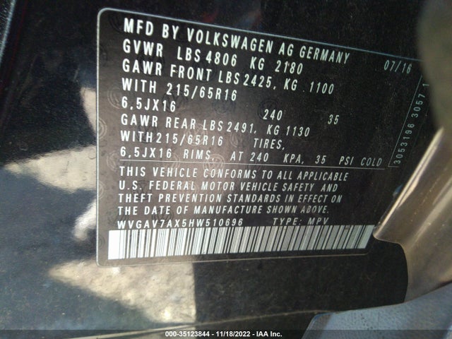 2017 Volkswagen Tiguan, VIN: WVGAV7AX5HW510696