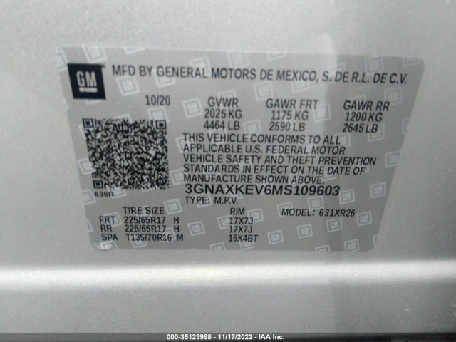 Chevrolet EQUINOX LT 2021 3GNAXKEV6MS109603 Image 9