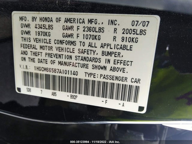 2007 HONDA ACCORD SDN EX-L VIN: 1HGCM66587A101140