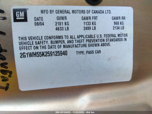 2005 CHEVROLET IMPALA LS VIN: 2G1WH55K259125940