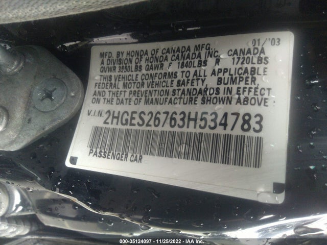 2003 HONDA CIVIC EX VIN: 2HGES26763H534783