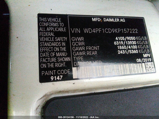 2019 MERCEDES-BENZ SPRINTER VAN VIN: WD4PF1CD9KP157222