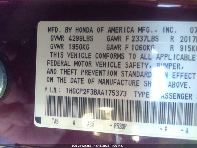 2010 HONDA ACCORD SDN LX VIN: 1HGCP2F38AA175373