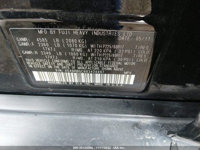 2011 SUBARU OUTBACK 2.5I PREM AWP/PWR MOON VIN: 4S4BRBGC6B3424497