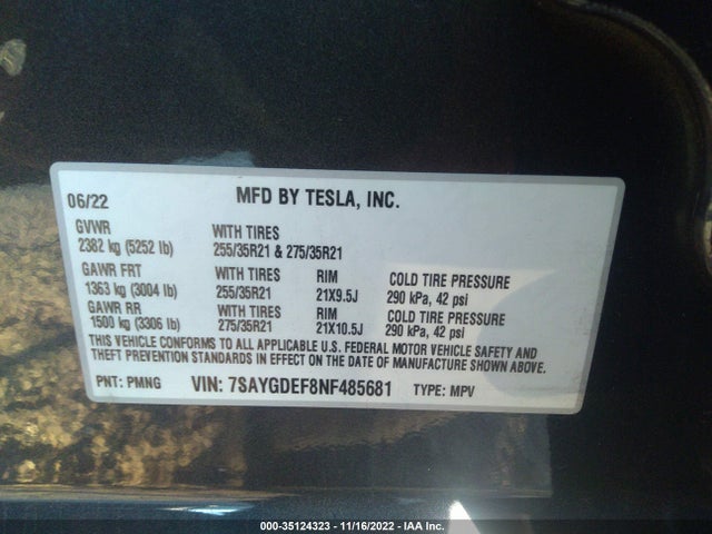 2022 TESLA MODEL Y PERFORMANCE VIN: 7SAYGDEF8NF485681