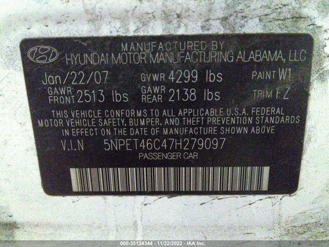 2007 HYUNDAI SONATA GLS VIN: 5NPET46C47H279097
