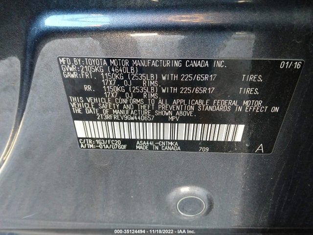 2016 TOYOTA RAV4 XLE VIN: 2T3RFREV9GW440657