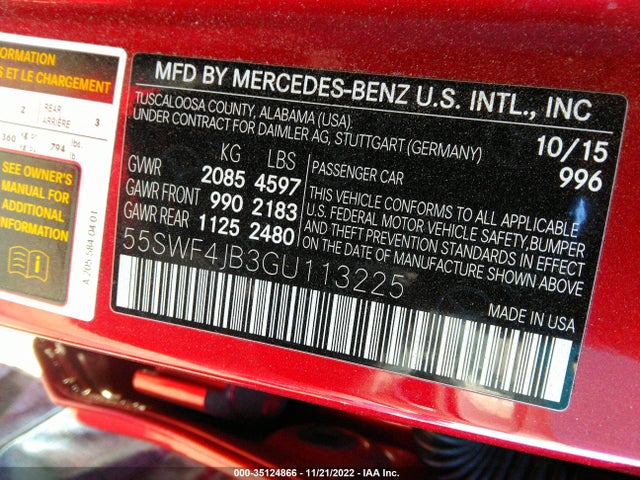 2016 MERCEDES-BENZ C-CLASS C 300 VIN: 55SWF4JB3GU113225