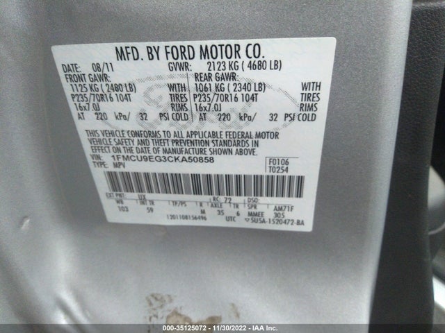 2012 FORD ESCAPE LIMITED VIN: 1FMCU9EG3CKA50858