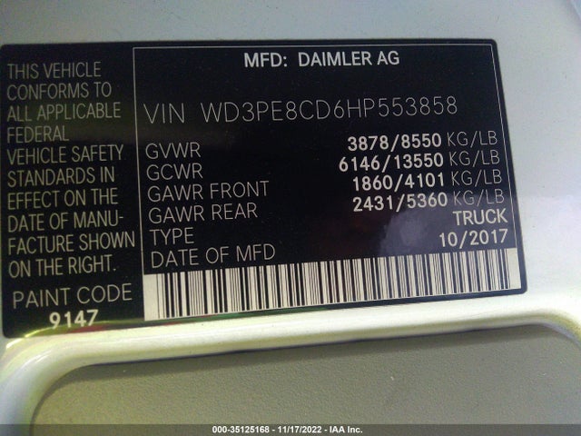 2017 Mercedes-Benz Sprinter, VIN: WD3PE8CD6HP553858