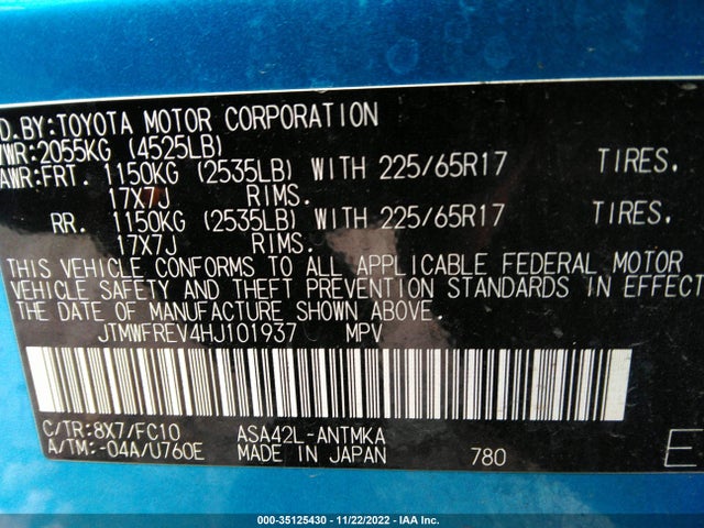 2017 TOYOTA RAV4 XLE VIN: JTMWFREV4HJ101937