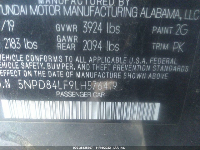 2020 HYUNDAI ELANTRA SEL VIN: 5NPD84LF9LH576419