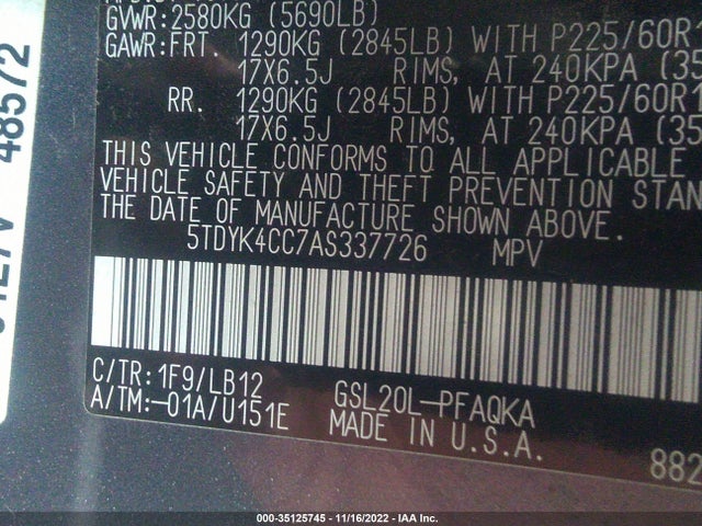 Aukcja sprzedaży 2010 Toyota Sienna Xle, vin: 5TDYK4CC7AS337726, numer aukcji: 35125745