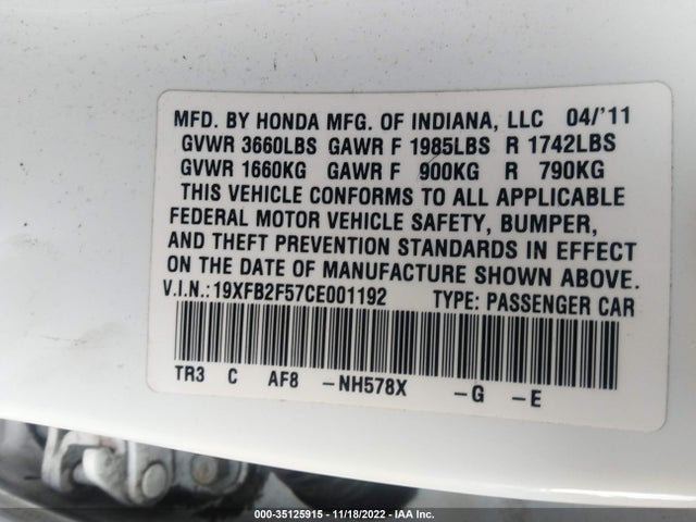2012 HONDA CIVIC SDN LX VIN: 19XFB2F57CE001192