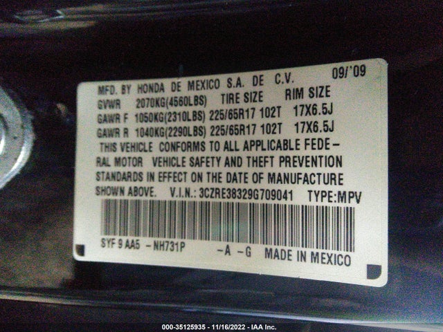 2009 HONDA CR-V LX VIN: 3CZRE38329G709041