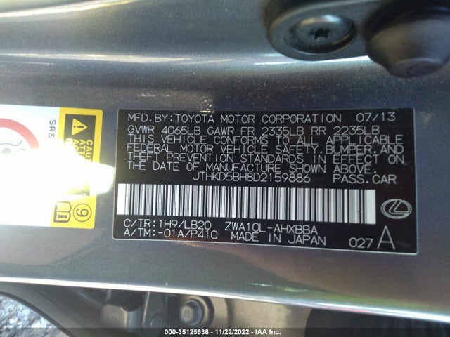 Lexus CT 200H 2013 JTHKD5BH8D2159886 Image 9