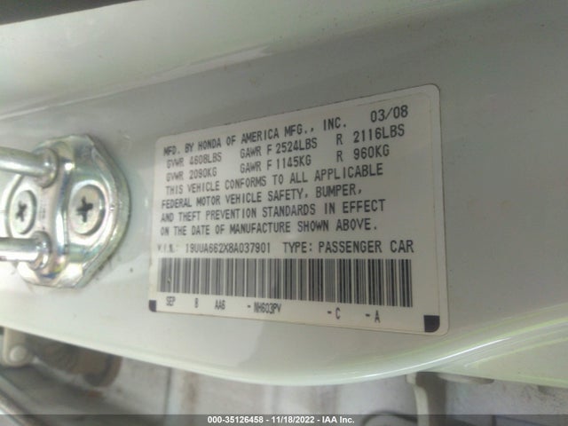 Продаж на аукціоні авто 2008 Acura Tl, vin: 19UUA662X8A037901, номер лоту: 35126458
