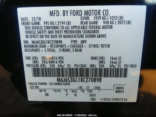 2019 Ford Ecosport, VIN: MAJ6S3GL1KC270898