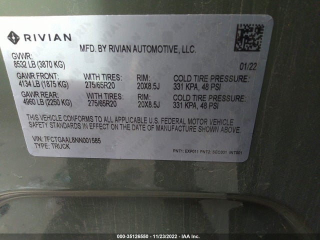 2022 Rivian R1T, VIN: 7FCTGAAL8NN001585