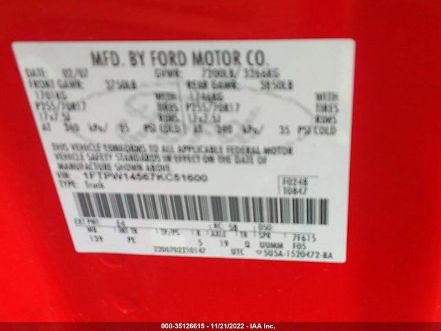 2007 FORD F-150 XLT/FX4/LARIAT/KING RANCH VIN: 1FTPW14567KC51600