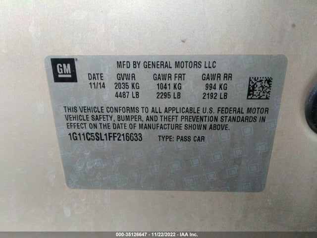 2015 Chevrolet Malibu, VIN: 1G11C5SL1FF216633