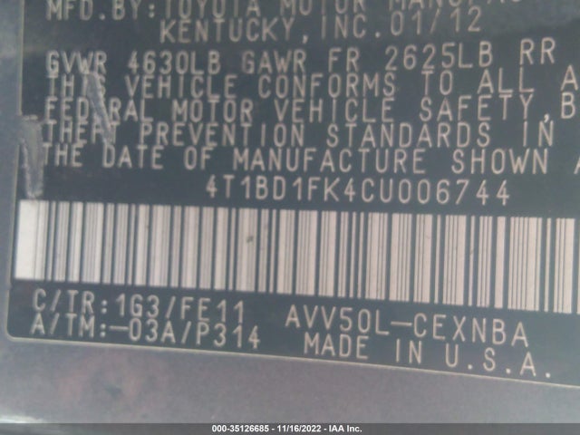 2012 TOYOTA CAMRY HYBRID XLE/LE VIN: 4T1BD1FK4CU006744