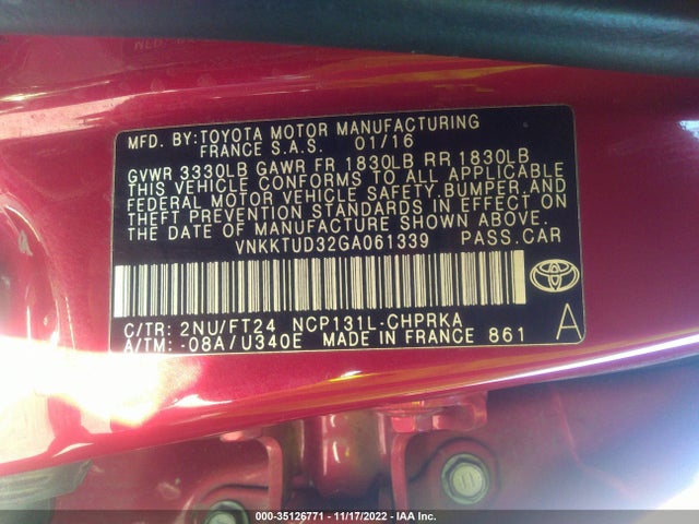 2016 Toyota Yaris, VIN: VNKKTUD32GA061339