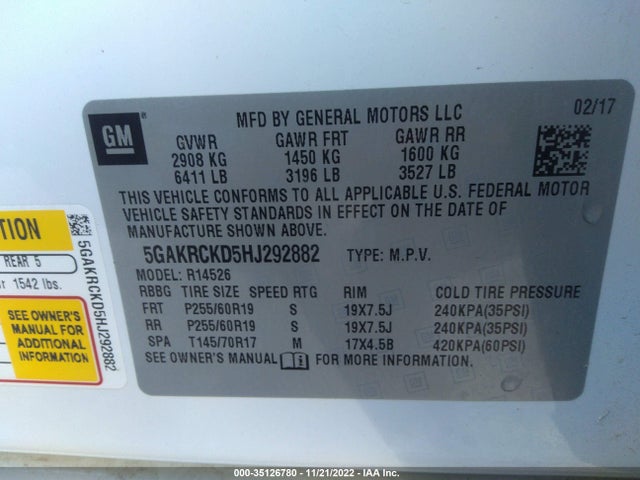 2017 BUICK ENCLAVE PREMIUM VIN: 5GAKRCKD5HJ292882