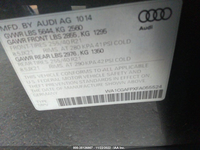2015 Audi SQ5, VIN: WA1CGAFPXFA055524