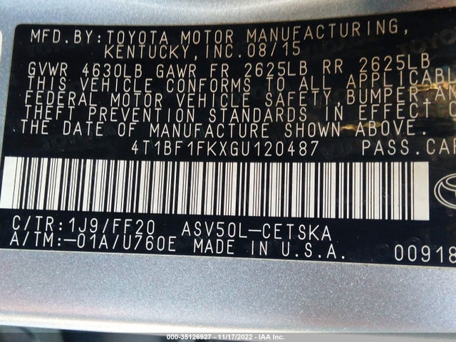 2016 Toyota Camry, VIN: 4T1BF1FKXGU120487