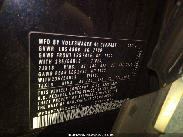 2012 VOLKSWAGEN TIGUAN SE VIN: WVGAV7AX0CW607250