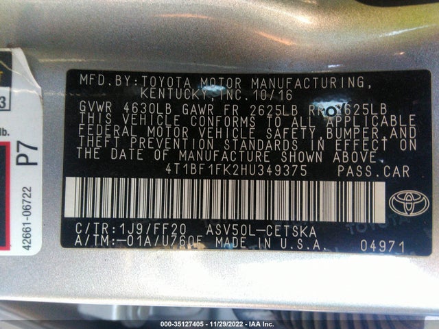 2017 Toyota Camry, VIN: 4T1BF1FK2HU349375