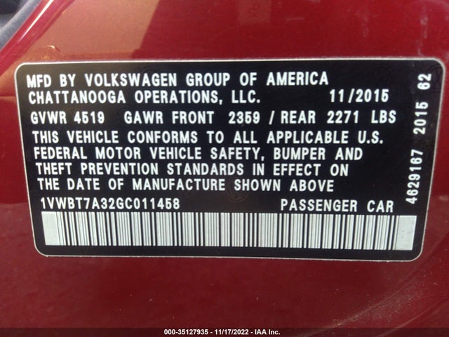 Volkswagen Passat 2016 1VWBT7A32GC011458 Image 10