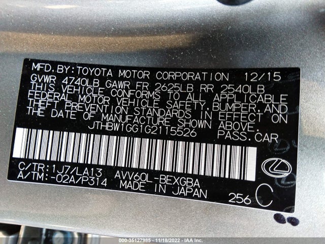 2016 Lexus ES, VIN: JTHBW1GG1G2115526