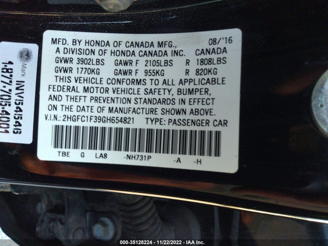 2016 HONDA CIVIC SEDAN EX-T VIN: 2HGFC1F39GH654821
