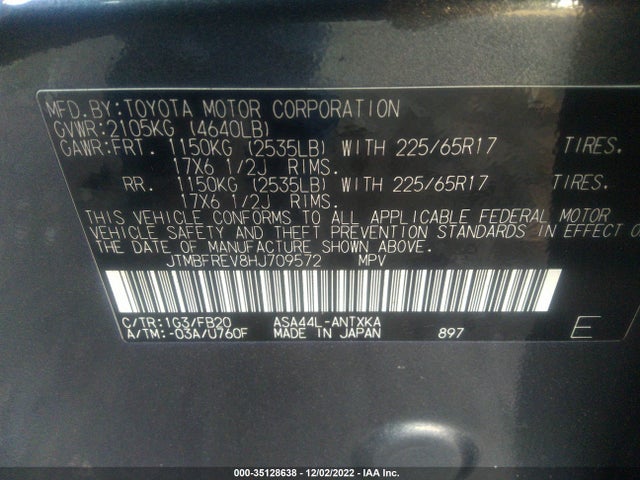 2017 TOYOTA RAV4 LE VIN: JTMBFREV8HJ709572