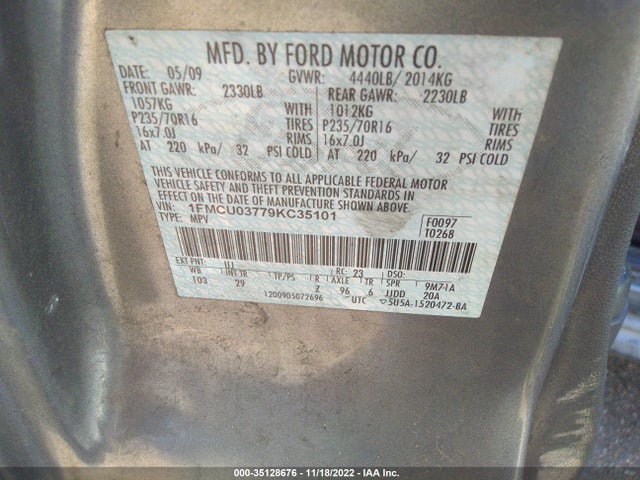 2009 FORD ESCAPE XLT VIN: 1FMCU03779KC35101