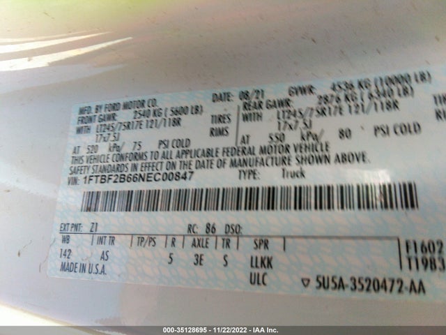 2022 Ford F-250, VIN: 1FTBF2B66NEC00847