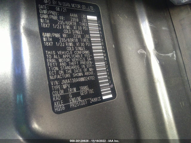 2021 NISSAN ROGUE SV VIN: JN8AT3BA4MW024702