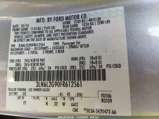 Lincoln MKZ 2015 3LN6L2G90FR612561 Image 9