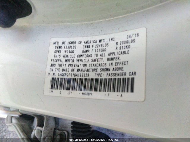 2016 HONDA ACCORD SEDAN LX VIN: 1HGCR2F37GA192829